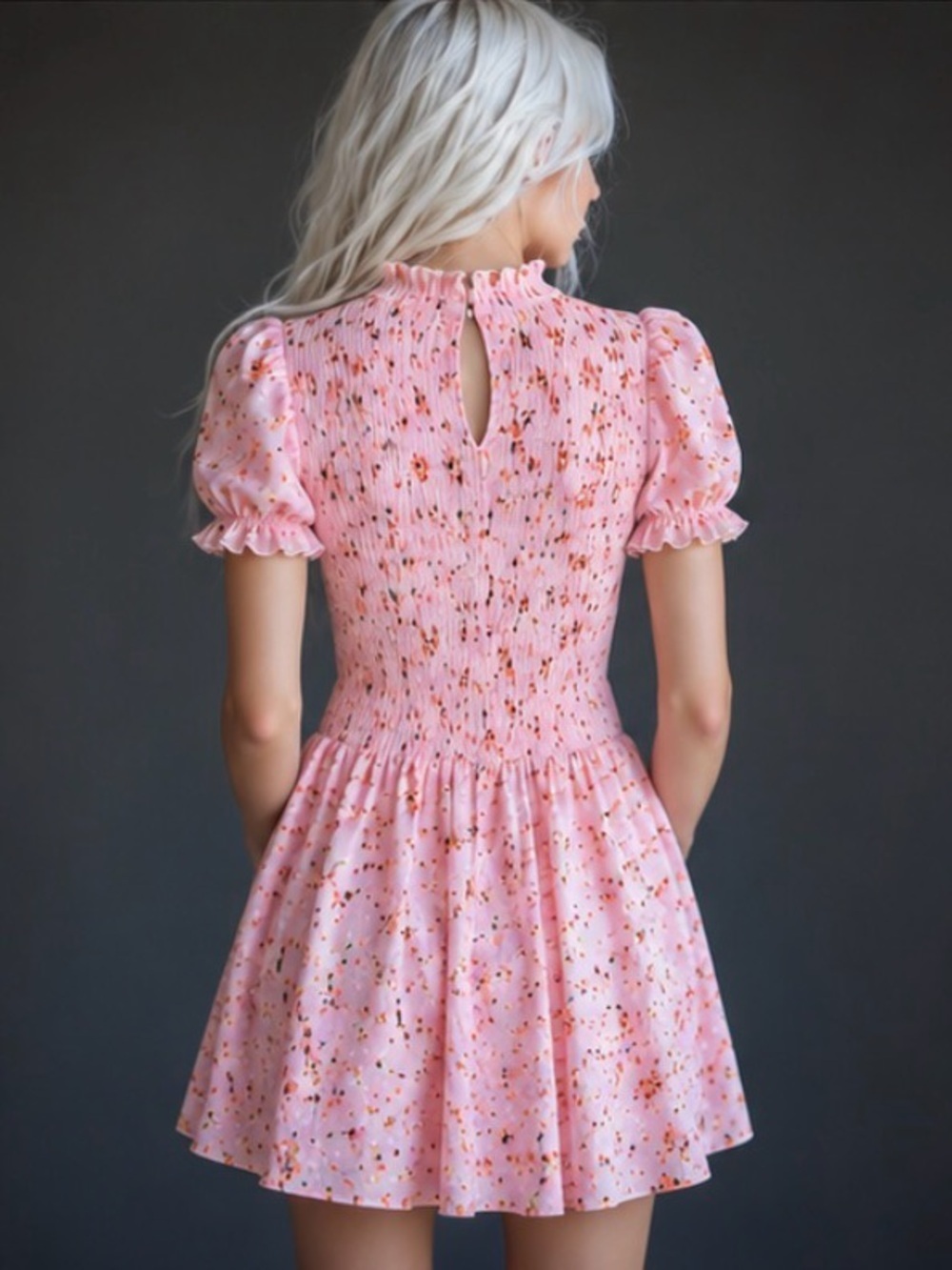 Scoop Pink Floral Smocked Puff Sleeve Mini Dress Large NWT - Picture 2 of 8